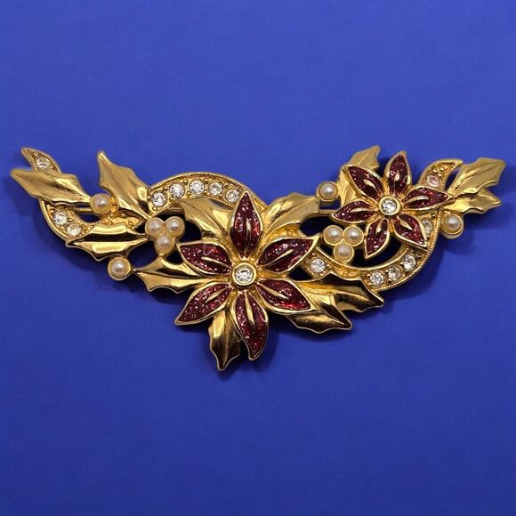 Holiday Gift Lovely Gold Tone Vintage Enamel Poinsettia Christmas Garland Brooch - Picture 7 of 11
